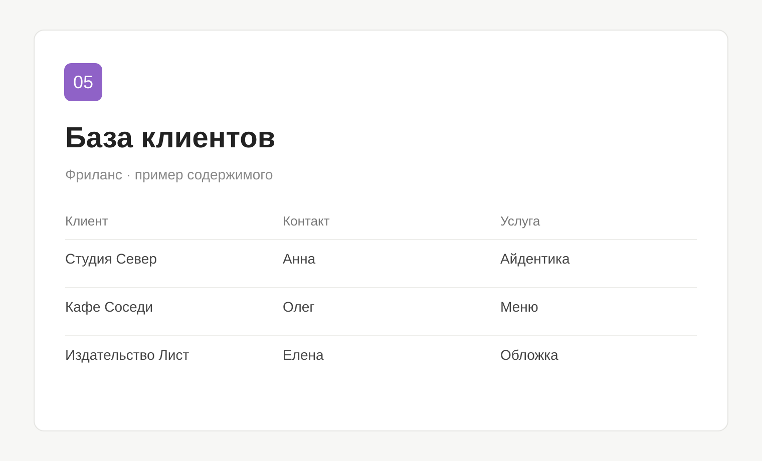 Пример таблицы: База клиентов
