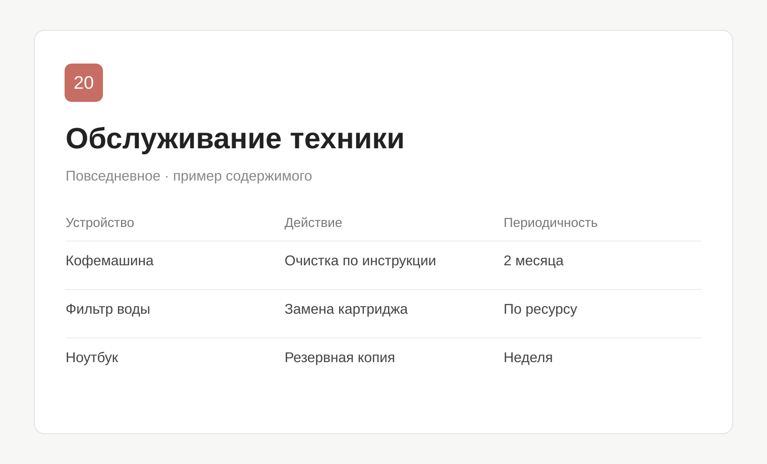 Пример таблицы: Обслуживание техники