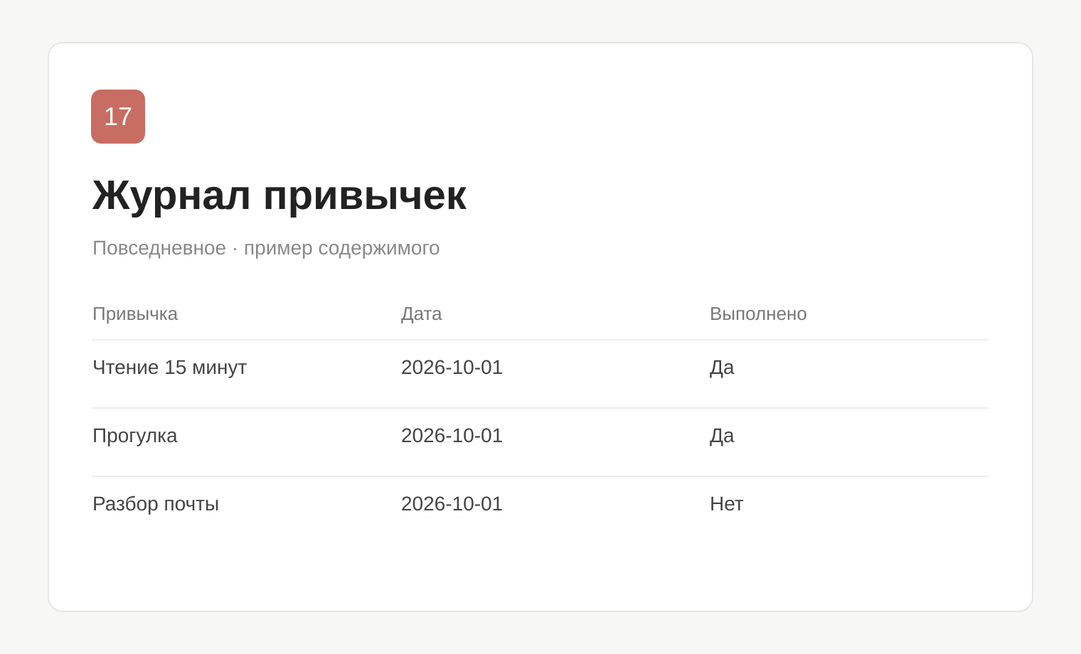 Пример таблицы: Журнал привычек