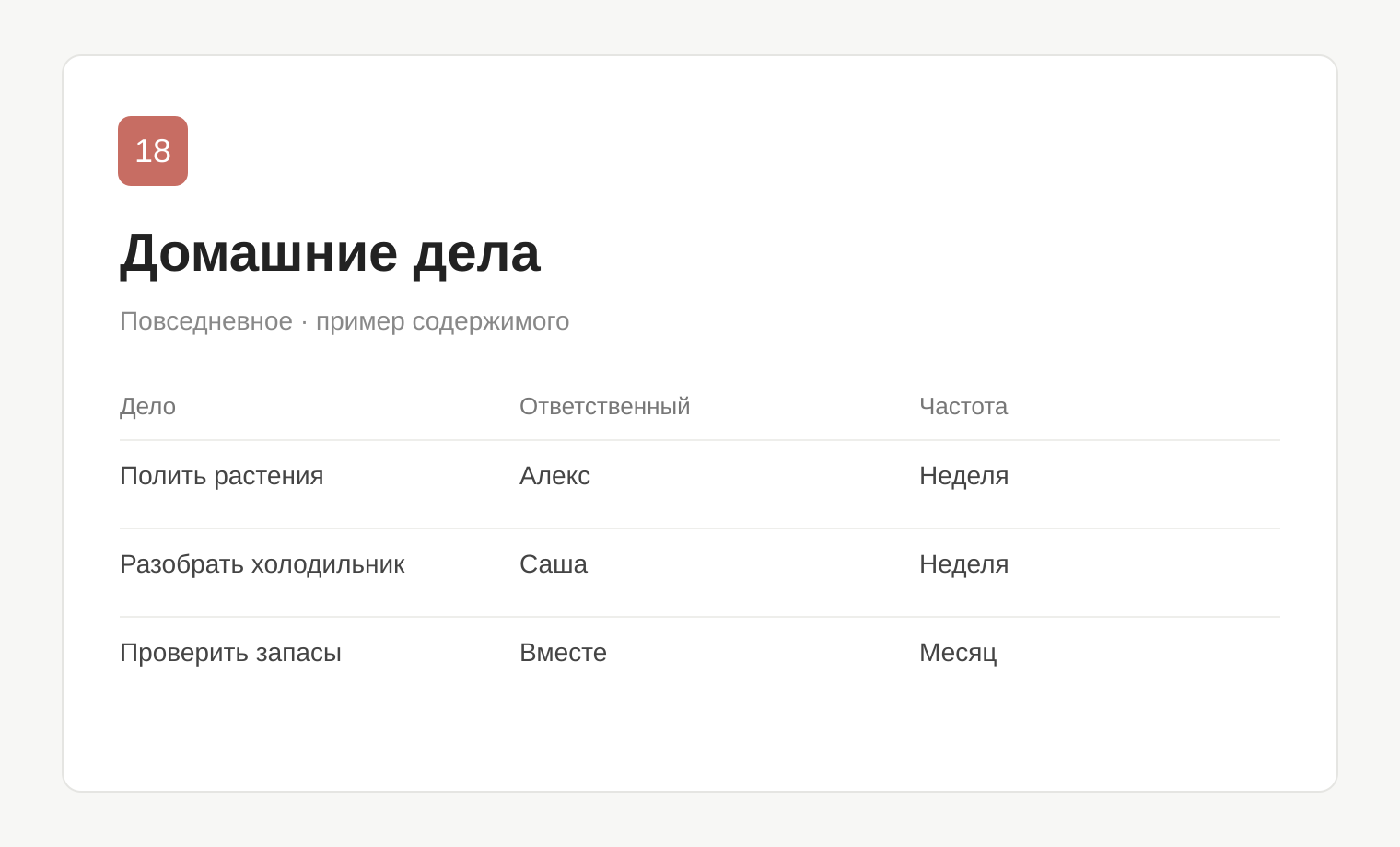 Пример таблицы: Домашние дела
