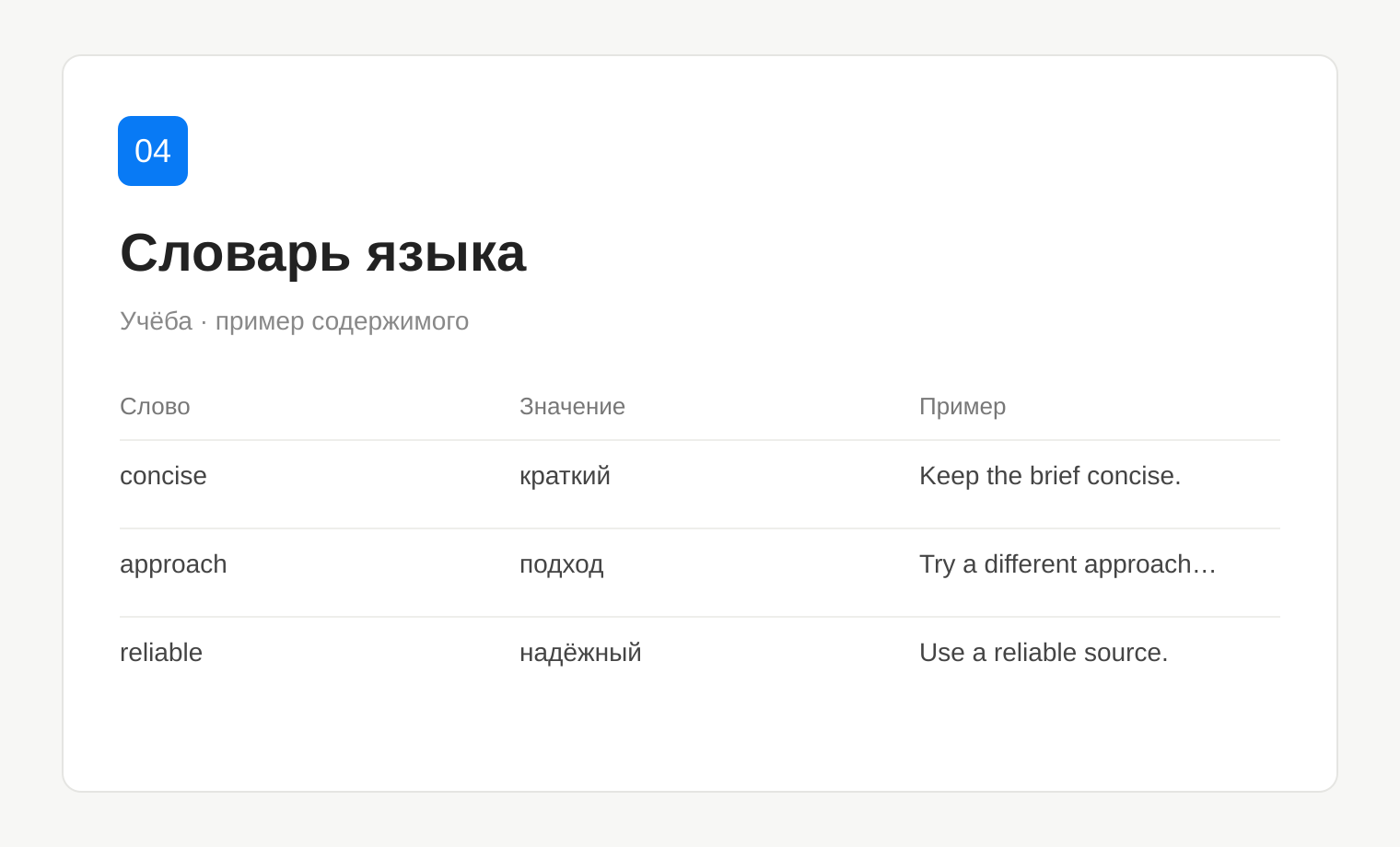 Пример таблицы: Словарь языка