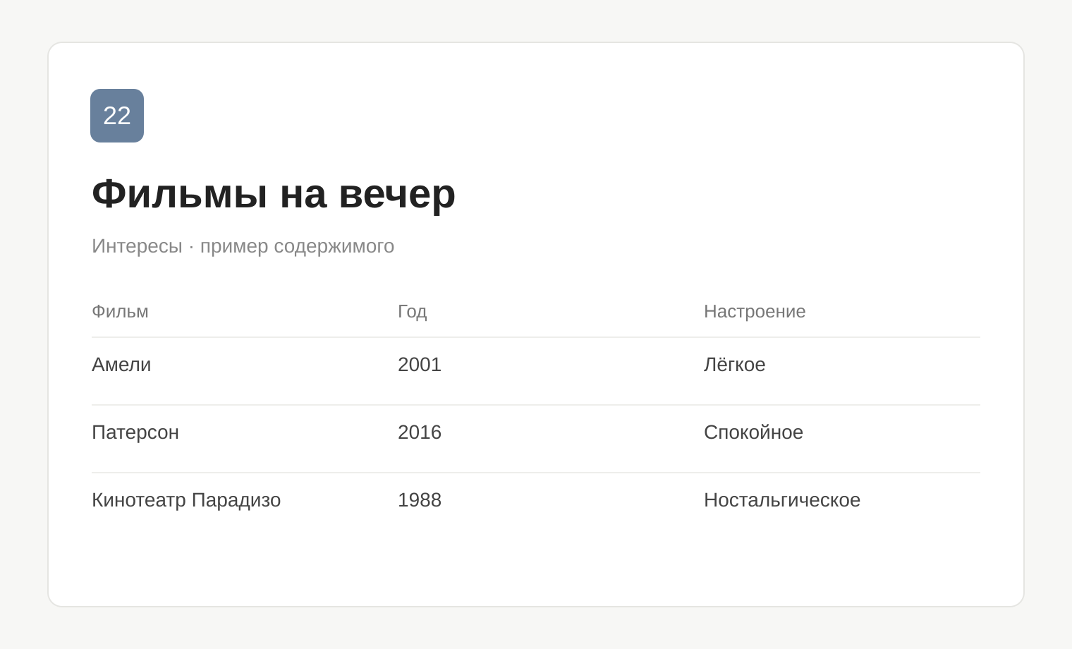 Пример таблицы: Фильмы на вечер