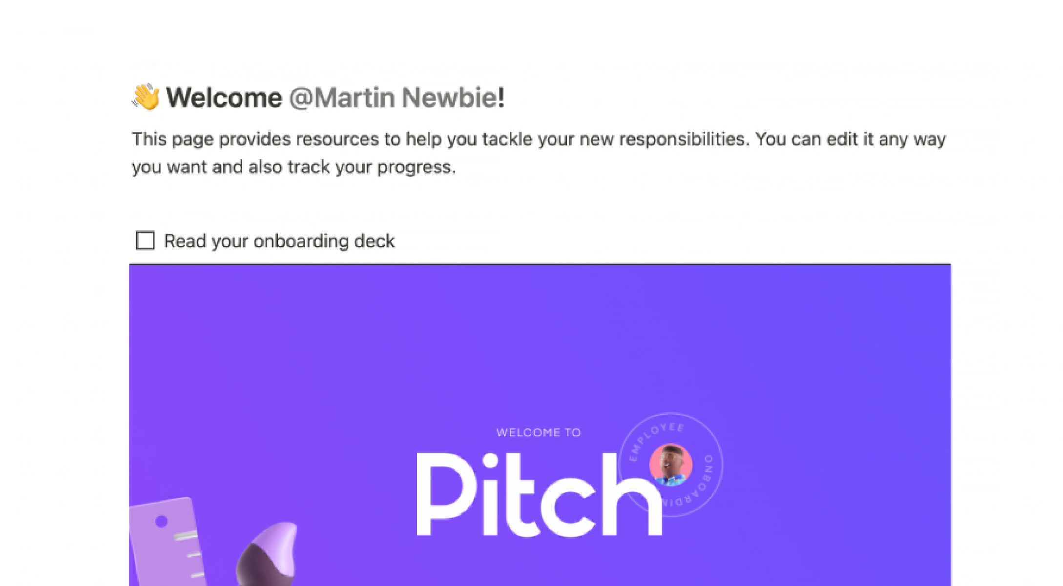 Пример Notion: страница знакомства с командой Pitch. Она показывает, как содержимое можно организовать иначе.